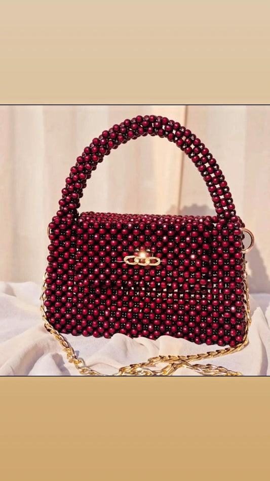 Pearl Bead Red  Handbag, Handmade Evening Bag, Stylish Women's Accessory, Anniversary Gift